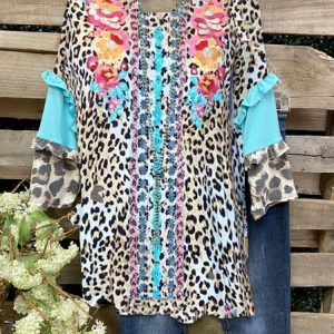 Cotton-Blend Half Sleeve Floral Tops, Tops, color:Brown|size:3XL, Noracora