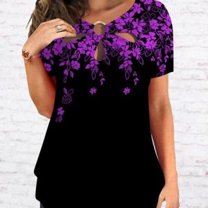 Loose Casual Floral Cut-Outs Shirt, Blouses, color:Purple|size:XXL, Noracora