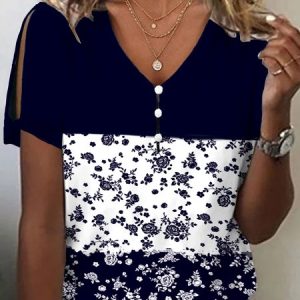 Floral Casual Buttoned Loose Shirt, Blouses, color:Deep Blue|size:XXL, Noracora