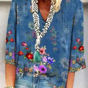 V Neck Loose Nationality/Ethnic Casual Shirt, Blouses, color:Blue|size:XXL, Noracora
