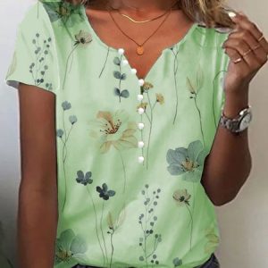 Casual Loose Floral V Neck T-Shirt, T-shirts, color:Green|size:XXL, Noracora