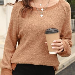 Loose Plain Acrylic Casual Sweater, Sweaters, color:Camel|size:XL, Noracora