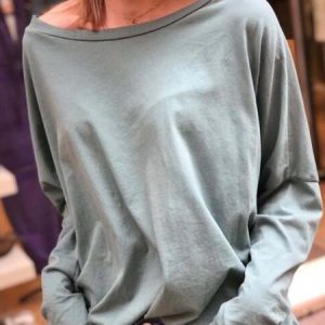 Casual Scoop Neckline Cotton-Blend Long Sleeve Tops, Blouses, color:Gray blue|size:3XL, Noracora