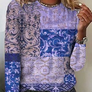 Abstract Long sleeve Casual T-Shirt, T-shirts, color:Blue|size:3XL, Noracora