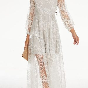 V Neck Casual Floral Lace Dress, Maxi, color:Silver|size:XXL, Noracora