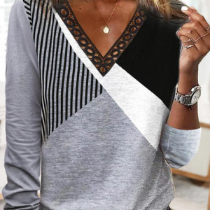 Casual Jersey Striped Lace Edge Shirt, Blouses, color:Black-grey|size:3XL, Noracora