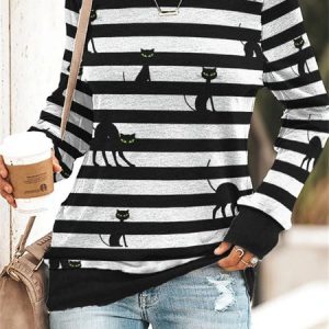 Cat Casual Loose Crew Neck Sweatshirt, Hoodies & Sweatshirts, color:Black-white|size:3XL, Noracora