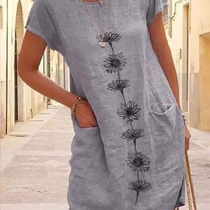 Cotton Floral Short Sleeve Woven Dress, Short, color:Gray|size:XXL, catalog Noracora shop
