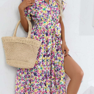 Regular Fit Vacation Disty Floral Dress, Maxi, color:Purple|size:XXL, Noracora