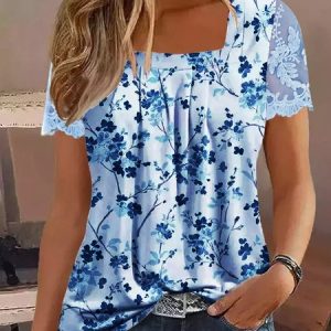 Casual Lace Square Neck Floral Shirt, Blouses, color:Blue|size:XXL, Noracora