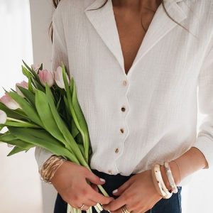 Others Casual Cotton-Blend Buckle Blouse, Shirts, color:White|size:XXL, Noracora