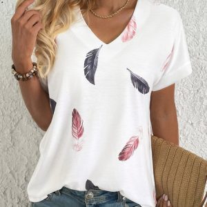 Feather Casual V Neck Short sleeve Short sleeve Top, T-shirts, color:White|size:XXL, Noracora