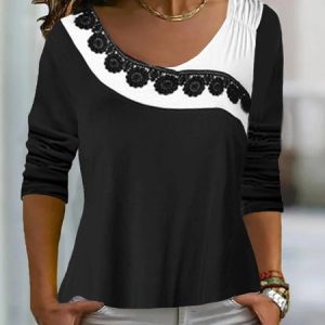 Loose Lace Casual Top 2023, Blouses, color:Black-white|size:XXL, Noracora