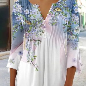 Casual Notched Buckle Floral Printed Blouses, Blouses, color:Blue|size:XXL, Noracora