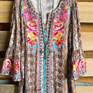 Loose V Neck Snakeskin Bell Sleeve Cotton-Blend Blouse, Blouses, color:Brown|size:3XL, Noracora