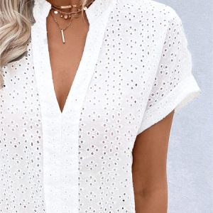 Loose Casual V Neck Plain Shirt, Blouses, color:White|size:XXL, Noracora