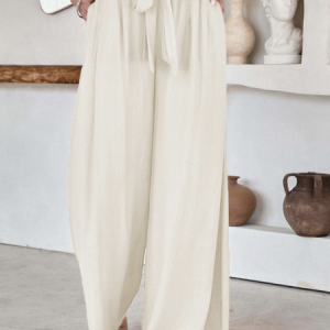 Loose Casual Plain Pants, Pants, color:Ivory|size:XXL, Noracora