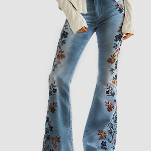 Casual Vintage Floral Print Bell Bottom Long Jean, Denim&Jeans, color:Blue|size:3XL, Noracora