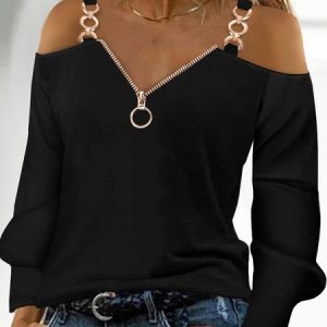 Casual Long Sleeve V Neck Top, Blouses, color:Black|size:XXL, Noracora