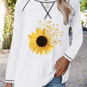 Sunflower Long Sleeve Crew Neck Casual Tunic T-Shirt, T-shirts, color:White|size:XXL, Noracora