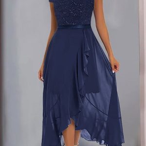 V Neck Split Joint Short Sleeve Casual Dress, Maxi, color:Blue|size:XXL, Noracora