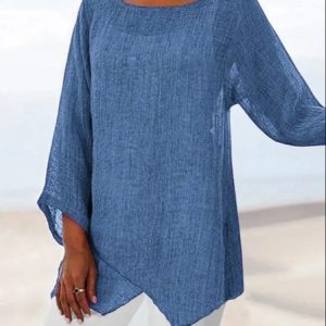 Asymmetric Linen Women Tunic Blouse, Tops, color:Navy Blue|size:XXL, Noracora