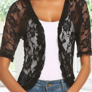 Casual Floral Lace Kimono, Kimono, color:Black|size:XL, Noracora