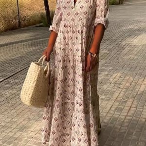 V Neck Casual Printing Ethnic Dress, Maxi, color:Multicolor|size:XXL, Noracora