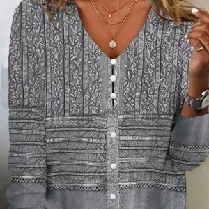 Plus size Ethnic Casual V Neck Loose Shirt, TOPS, color:Gray|size:4X, Noracora