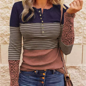 Color Block Lace Patchwork Casual V Neck Top, Blouses, color:As Picture|size:XXL, Noracora