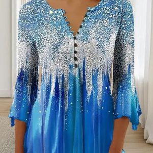 Casual Half Open Collar Abstract Jersey Shirt, Blouses, color:Blue|size:5XL, Noracora