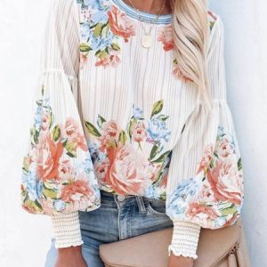 Crew Neck Vacation Floral Shirt, Blouses, color:White|size:XXL, Noracora