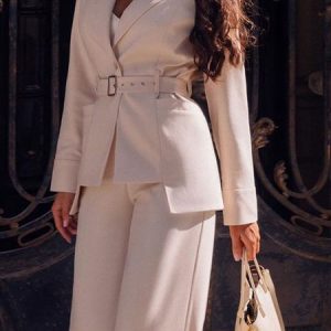 Plain Urban Lapel Collar Two-Piece Set, Sets, color:White|size:XL, Noracora