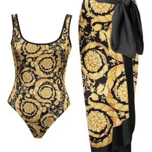 Vacation Ethnic Printing Scoop Neck One Piece With Cover Up, swimwear>>Bikini Sets, color:black-gold|size:XXL, JustFashionNow