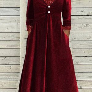 Crew Neck Velvet Loose Casual Dress, Midi, color:Red|size:XXL, Noracora