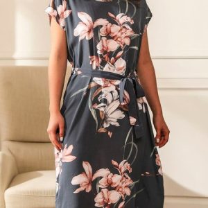 Short Sleeve Casual Floral Nightdress, Pajamas, color:Deep Gray|size:XL, Noracora