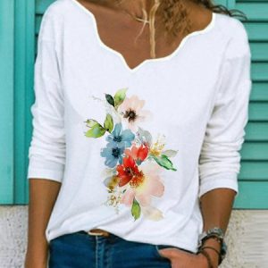 Casual Floral Long Sleeve V Neck Printed Top T-shirt, T-shirts, color:White|size:XXL, Noracora