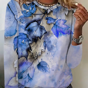 Leaf Printed Long Sleeve Casual T-Shirt, T-shirts, color:Blue|size:3XL, Noracora
