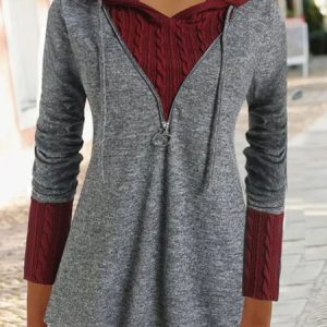 Plain Hooded Drawstring Cable Knit Mixed Media Tunic Sweatshirt, Hoodies & Sweatshirts, color:Wine Red|size:XXL, Noracora