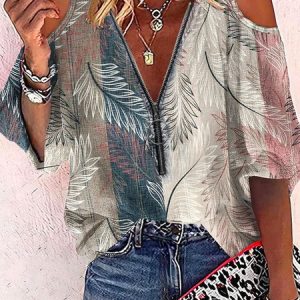 Casual Zipper Loose Shirt, Blouses, color:Multicolor|size:XXL, Noracora