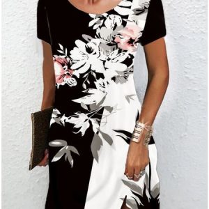 Jersey Color Block Regular Sleeve Loose Casual Dress, Dresses, color:Black-white|size:XXL, Noracora