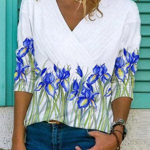 Shift Long Sleeve Floral Casual Tops, Tops, color:White|size:3XL, Noracora
