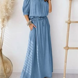 Loose Casual Buckle Polyester Cotton Dress, Maxi, color:Blue|size:XXL, Noracora
