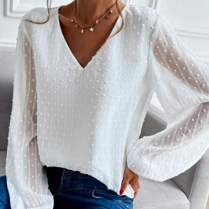 V Neck Casual Top, Shirts, color:White|size:XXL, Noracora