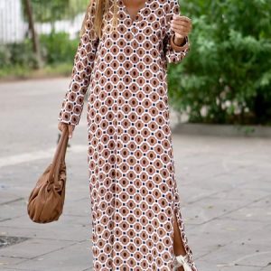 Casual Polka Dots Long Sleeve Maxi Dress, Maxi, color:Khaki|size:XXL, Noracora