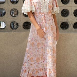 V Neck Floral Boho Regular Fit Dress, Maxi, color:Pink|size:XL, Noracora