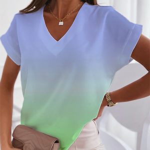 Casual V Neck Ombre Short Sleeve T-Shirt, T-shirts, color:Multicolor|size:XXL, Noracora