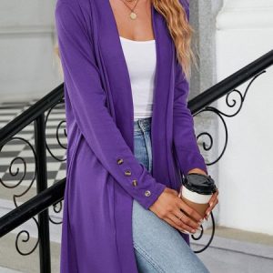Casual Jersey Plain Buttoned Kimono, Kimono, color:Purple|size:XXL, Noracora