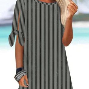 Striped Crew Neck Loose Casual Shirt, Blouses, color:Black-white|size:XXL, Noracora