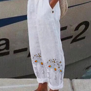 Casual Floral Cotton Pants, Pants, color:White|size:5XL, Noracora